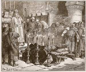 Fitz-Arthur proibindo o enterro de William, ilustração de &39;História Ilustrada de Cassell da Inglaterra&39; (foto sépia) de Francois Edouard Zier