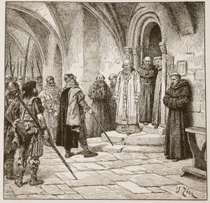 Swein exigindo resgate, ilustração de "A Igreja da Inglaterra: uma história para o povo" por HDM Spence-Jones, pub. c.1910 (foto sépia) de Francois Edouard Zier