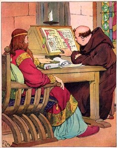 "O Rei dos Francos Carlos Magno (742-814) falando com Alcuin (731-804), monge inglês de York, precursor da reforma da escola, Aachen 782" (Retrato do Rei dos Francos Carlos Magno) e seu conselheiro Alcuin de York (Ealhwine, A