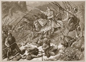 A &39;Senhora dos Mercianos&39; lutando com o galês, ilustração de &39;História Ilustrada de Cassell da Inglaterra&39; (foto sépia) de Francois Edouard Zier