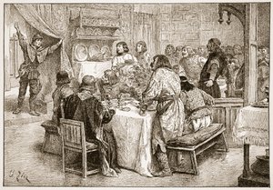 O mensageiro traz para Harold a notícia do desembarque de William, ilustração de "A Igreja da Inglaterra: Uma História para o Povo" de HDM Spence-Jones, pub. c.1910 (foto sépia) de Francois Edouard Zier