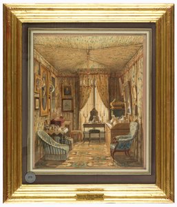 Desenho, interior de um camarim com teto inclinado