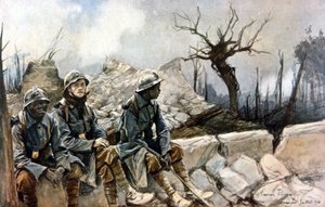 3 soldados franceses sentados em frente às ruínas da igreja de Dampierre. Guerra 1914 - 1918. Pintura de François Flameng (1856-1923). Paris, Musee de l