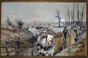 Primeira Guerra Mundial: "Vista de Souchez (em Artois), uma trincheira em 18/12/1915" Pintura aquarelada de François Flameng (1856-1923) Dezembro 1915 Sol. 0,3x0,48 m Paris, musee de l