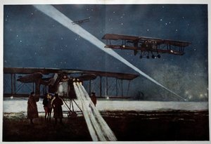 Primeira Guerra Mundial: "partida de um esquadrão "Vizinhos" para um bombardeio noturno em 1918" Pintura aquarelada de François Flameng (1856-1923) 1918 Coleção particular de Francois Flameng