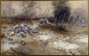 Primeira Guerra Mundial: cena da Batalha de La Craonne em 5/04/1917. Corpo de infantaria deitado entre as barbas. Pintura aquarelada de François Flameng (1856-1923) Sol. 0,3x0,56 m Paris, Musee de l
