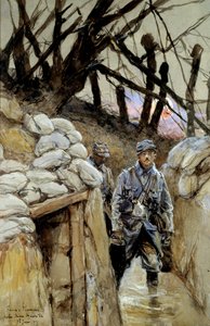 A Primeira Guerra Mundial: "Um soldado do corvee da sopa na trincheira Notre-Dame-de-Lorette 28/06/1915" Pintura aquarelada de François Flameng (1856-1923) Junho 1915 Sol. 0,3x0,48 m Paris, Musee de l