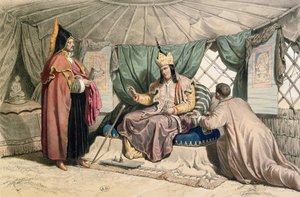 Um Sumo Sacerdote Kalmuk com seu Ghepi, ilustração de &39;Viagem ao Caspienne&39; por Xavier Hommaire de Hell (1812-48) c.1850 de Francois Fortune Antoine Ferogio