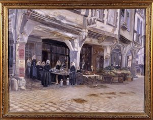 Mercado debaixo dos alpendres em Dinan - por F. Gombeaux, finais do século XIX de Francois Gombeaux