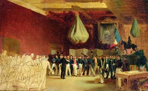 A Câmara de Deputados apresenta ao Duque de Orleães, Luís Filipe I (1773-1850), o acto que o chama ao trono e a Carta de 1830, no Palácio Real, 7 de Agosto de 1830