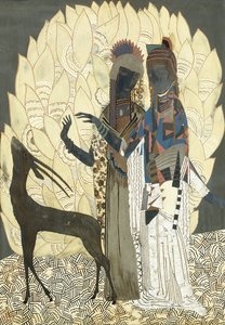 Duas mulheres estilizadas com um antílope entre folhas, c.1928 (painel de madeira laqueada e coquille d&39;oeuf)