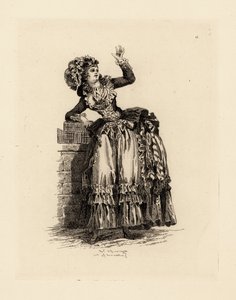 Mulher da moda em boné a la Nicolet, era de Maria Antonieta (gravura) de Francois Louis Joseph (after) Watteau