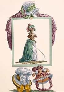 Jovem mulher vestida de pierrot caraco segurando um chicote de carruagem, gravado por Dupin, placa no.238 de &39;Galeries des Modes et Costumes Francais&39;, c.1778-87 de Francois Louis Joseph Watteau