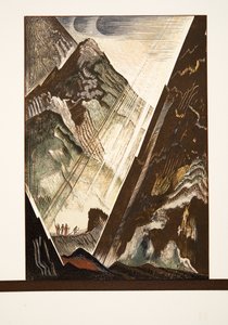 Prometheus sendo pregado na rocha por Hefesto, Kratos e Bia, de Prométhée Enchaîné por Ésquilo, pub. 1941 (impressão pochoir)