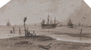 Navios Ancorados ao largo num mar calmo de Francois Louis Thomas Francia