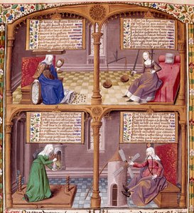 Os Quatro Vírus Cardeais: Prudência, Força, Continência e Justiça. Página retirada de um manuscrito de Seneque (Lucius Annaeus Seneca, 4 AC-65 DC. JC), filósofo da escola estóica, dramaturgo e estadista romano iluminado pelo mestre François.