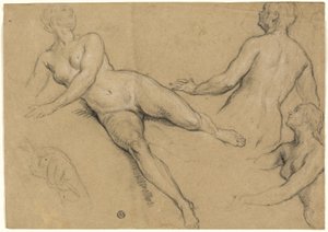 Folha de estudos: Três Mulheres e uma Mão (anverso); Esboços de Nus Masculinos, Cabeças e Mão (verso) de Francois Marot