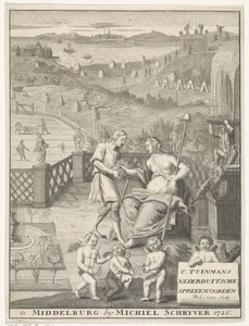 donzela holandesa recebe flores de um jardineiro
Página de título para: Carolus Tuinman, De oorsprong en uitlegging van (...) Nederduitsche spreekwoorden, 1726. de Francois Morellon la Cave