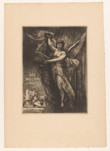 Titelprent met engel en drukpers
1879 Novas gravuras (título sobre o objecto) de Francois Nicolas Chifflart