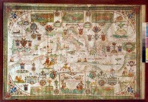 Mapa geográfico do Mar Mediterrâneo mostrando as costas da Europa (França, Espanha, Itália e África (Tunísia, Argélia, Egipto). O mar está povoado de monstros e caravelas, enquanto em terra são visíveis todos os tipos de animais e habitantes registro de Francois Ollive
