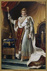 Retrato do imperador Napoleão I Bonaparte (1769-1821) em traje de coroação. (Retrato do imperador Napoleão I Bonaparte em suas vestes de coroação). Pintura de François Pascal Simon, barão Gerard (1770-1837), óleo sobre tela, por volta de 1804. Arte frances de Baron François Pascal Simon Gérard