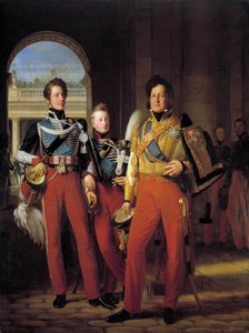 Retratos a pé de Louis-Philippe I (1773-1850), Duque de Orleans em uniforme como Coronel Geral dos Hussardos, e de seus filhos: o Duque de Chartres e o Duque de Nemours Pintura Louis Hersent (1777-1860) após François Gerard (1770-1837) 1832. Sol 2 de Baron François Pascal Simon Gérard
