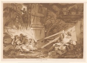 Jovem tropeçando cai sobre uma mulher sendo pintada La Culbute (título no objeto) de Francois Philippe Charpentier