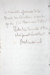 Carta com assinatura do escritor, escrita em Frankfurt a caminho do novo cargo de ministro plenipotenciário de Chateaubriand, em Berlim, 7 de Janeiro de 1821 (caneta e tinta sobre papel) de Francois Rene Vicomte de Chateaubriand