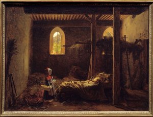 Capuchinho Vermelho Ilustração do conto de Charles Perrault, Capuchinho Vermelho em frente ao lobo disfarçado de avó. Pintura de François Richard Fleury (1777-1852) Sol do século XIX. 0,35x0,47 m . de Francois Richard Fleury