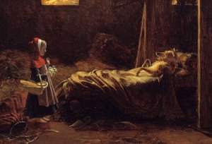 Chapeuzinho Vermelho, detalhe. Ilustração do conto de Charles Perrault, o capuchinho vermelho na frente do lobisomem disfarçado de avó. Pintura de François Richard Fleury (1777-1852) Sol do século XIX. 0,35x0,47 m . de Francois Richard Fleury