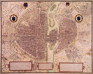 O mapa da cidade de Paris em 1540-1555 dizia sobre a tapeçaria. Gravura de François Roger de Gaignieres (1642-1715). paris, B.N.