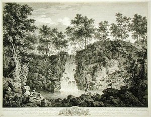 Vista de uma Cascata em Bolton Park, Craven, Yorkshire, publicada em 1753 (gravura) de Francois Vivarez
