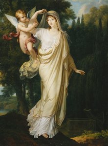Retrato póstumo da marquesa Fanny Grimaldi, de Baronne von Burkenwald, princesa de Santa Cruce, marquesa de Mônaco e de Genes prestes a se juntar ao seu primeiro marido, o marquês Giovanni Battista Grimaldi em seu túmulo, 1804