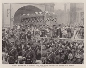 A procissão do Czar de Granovitaya Palata prestes a entrar na Porta da Catedral da Assunção (litho)