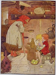Hansel e Gretel são alimentados pela bruxa, ilustração de "O belo livro de rimas de berçário, histórias e fotos", por Frank Adams, publicado por Blackie und Son