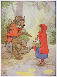 Chapeuzinho Vermelho e o Lobo, ilustração de "O Belo Livro de Rimas Infantis, Histórias e Imagens", de Frank Adams, publicado por Blackie und Son