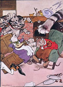 A gata e seus gatinhos entraram em cena, ilustração de "The Frog would a Wooing Go", de Charles H. Bennett, 1916 de Frank Adams