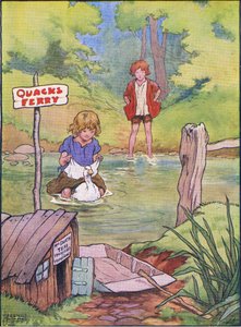 O pato levou-os mais de uma vez em suas costas, de Hansel e Gretel, publicado pela Blackie & Son Limited, c.1940 de Frank Adams