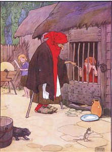 A velha fechou Hansel em um estábulo, de Hansel e Gretel publicado pela Blackie & Son Limited, c.1940