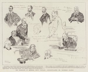 As perspectivas do Imperial Penny Postage, parabenizando o Sr. Henniker Heaton de Frank Craig