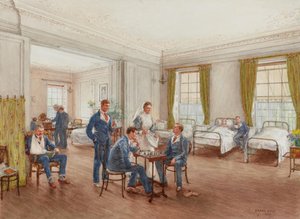 Soldados convalescentes jogando xadrez em uma ala no Sulhampstead House Hospital, Berkshire, c.1918 (wc no papel) de Frank Dadd