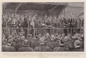Homenagem da cidade ao Sirdar, o Lord Mayor apresentando uma espada de honra a Lord Kitchener no Guildhall
