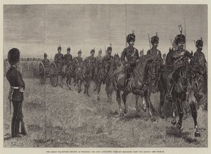The Great Volunteer Review, em Windsor, o Honorável Artillery Company marchando além da Rainha