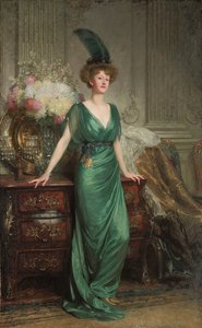 Retrato do Exmo. Sra. Ernest Guinness, de pé, usando um vestido esmeralda e penas, 1912 de Frank Dicksee