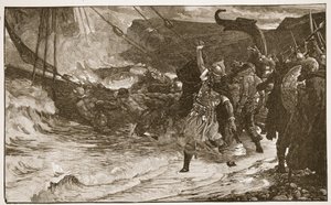 O Funeral de um Viking, ilustração de "A Igreja da Inglaterra: Uma História para o Povo" por HDM Spence-Jones, pub. c.1910 (foto sépia) de Frank Dicksee