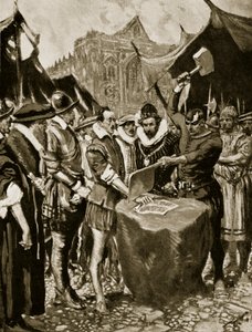 Stubbs tem sua mão cortada, ilustração de 1521, da "História da Nação Britânica" de Hutchinson, c.1923