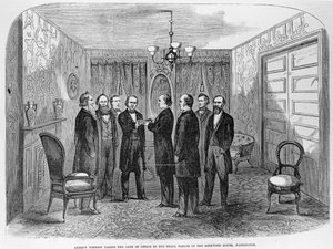 Presidente Johnson (1808-1875), fazendo Juramento do Ofício, de &39;Jornal Ilustrado de Frank Leslie&39;, 6 de janeiro de 1866