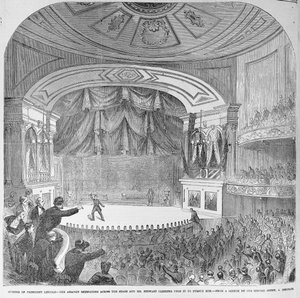O assassinato de Abraham Lincoln (1809-65) no camarote do Ford&39;s Theater, em 14 de abril de 1865, de &39;Frank Leslie&39;s Illustrated Newspaper&39;, 20 de maio de 1865