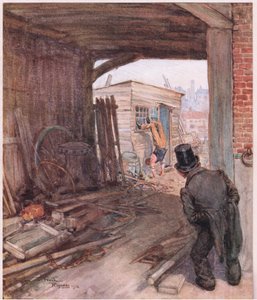 Chegado ao seu destino, o primeiro objeto que se apresentou à sua vista foi um par de pés muito imperfeitamente calçados no ar, c.1920 (litografia a cores) de Frank Reynolds