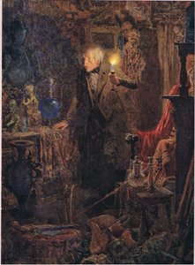 Era um velhinho, com longos cabelos brancos, cujo rosto e figura, enquanto segurava a luz acima da cabeça e olhava diante de si, c.1920 (litografia a cores) de Frank Reynolds